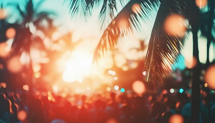 Vibrant Outdoor Music Festival In Brazil: Blurry Image Of Energetic Crowd Enjoying Performance In Sunlit Setting With Palm Trees.