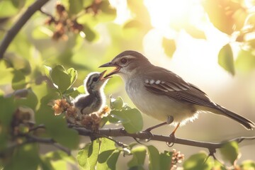 An adult bird feeding its chick on a sunlit tree branch