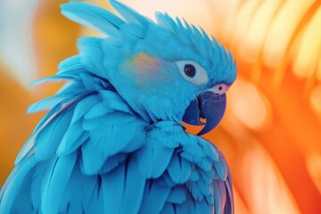 Obraz premium Blue Parrot Showing its Colorful Plumage on Orange Background