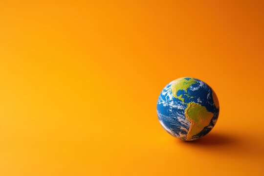 A miniature globe rests on an orange and solid background