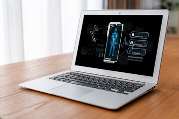 Medical science technology and futuristic healthcare virtual computer software analyze human health...