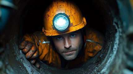 Coal miner crawling out of narrow tunnel with headlamp