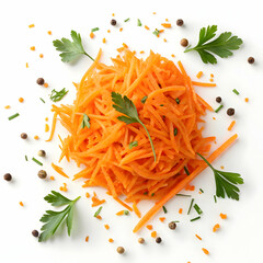 Heap of grated carrot on white background