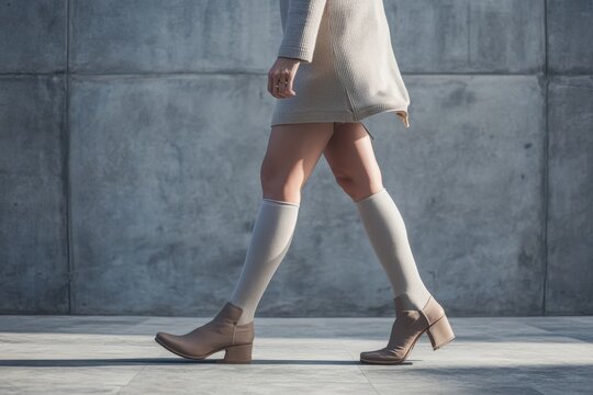 Person in stylish beige outfit walking outdoors with compression socks and heeled ankle boots