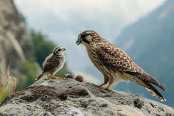 Fototapeta premium Mother falcon and chick perched on a large gray boulder