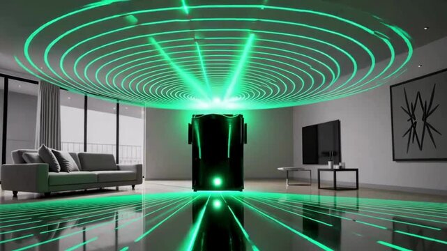 Futuristic Living Room Laser Light Technology: Vibrant Green LED Design with Modern Interior Decoration and Dynamic Aesthetic