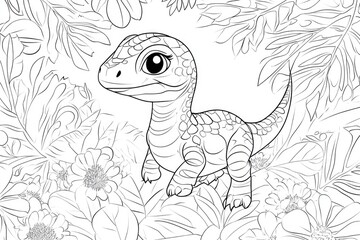 Fototapeta premium Adorable Baby Dino Coloring Sheet. Playful Tyrannosaur Surrounded by Whimsical Floral Elements