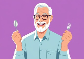 Happy elderly man holding a spoon and fork, ready for a meal