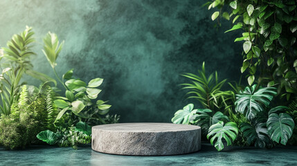 Greenery backdrop with circular stone platform for display