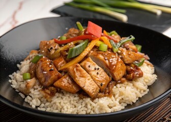 Fototapeta premium A dish of chicken and rice with a side of green vegetables. 