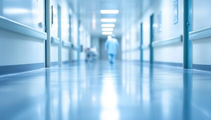 Fototapeta premium Blurred Clinic Or Hospital Room With Walking Doctors In Blank Hall, An Office Or Medical Institution. Soft Blurred Lighting For Interior.