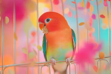 A colorful parrot enjoys seeds while resting inside a cage indoors