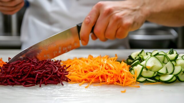 Chopping julienned vegetables in a bustling kitchen with focus on vibrant colors and precise knife skills - Powered by Adobe