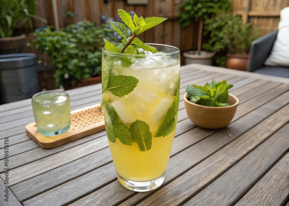 Poster mint leaf garnish on top of a glass with ice and a straw.