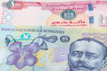 100 United Arab Emirates dirham and 100 Romanian leu banknotes. International trade concept