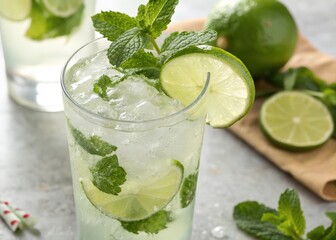  Mint leaves floating on top of clear, icy drink garnished with lime wedges. 