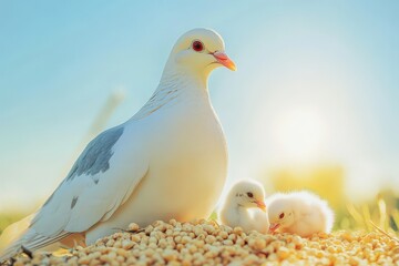 A beautiful dove and chicks bask under the bright sunlight