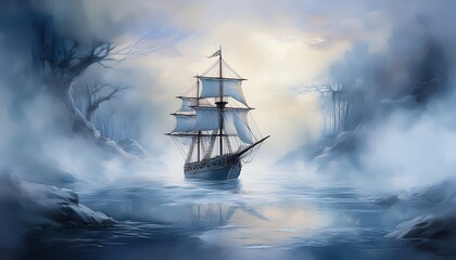 Fototapeta premium Phantom Ship With Glowing White Sails