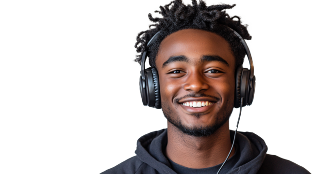 Young African-American man with a radiant, warm smile wearing headphones while listening to music on a solid white background, room for copy