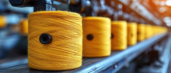 Close-up of vibrant yellow thread spools on a production line, showcasing the textile manufacturing process