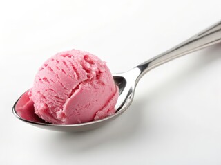  Pink ice cream in silver spoon. 