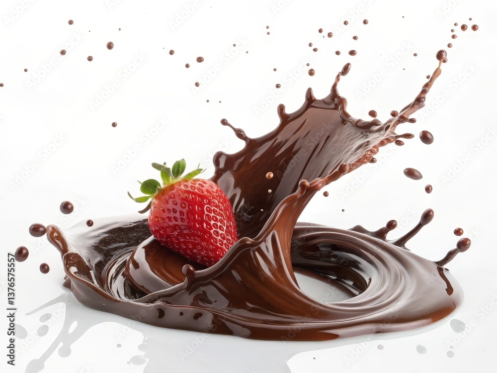 Poster chocolate syrup forming wavy patterns on a white surface, with strawberries and chocolate sauce.