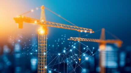 Smart city development project with cranes, AI-driven construction technology, and 3D digital blueprints displayed on-site