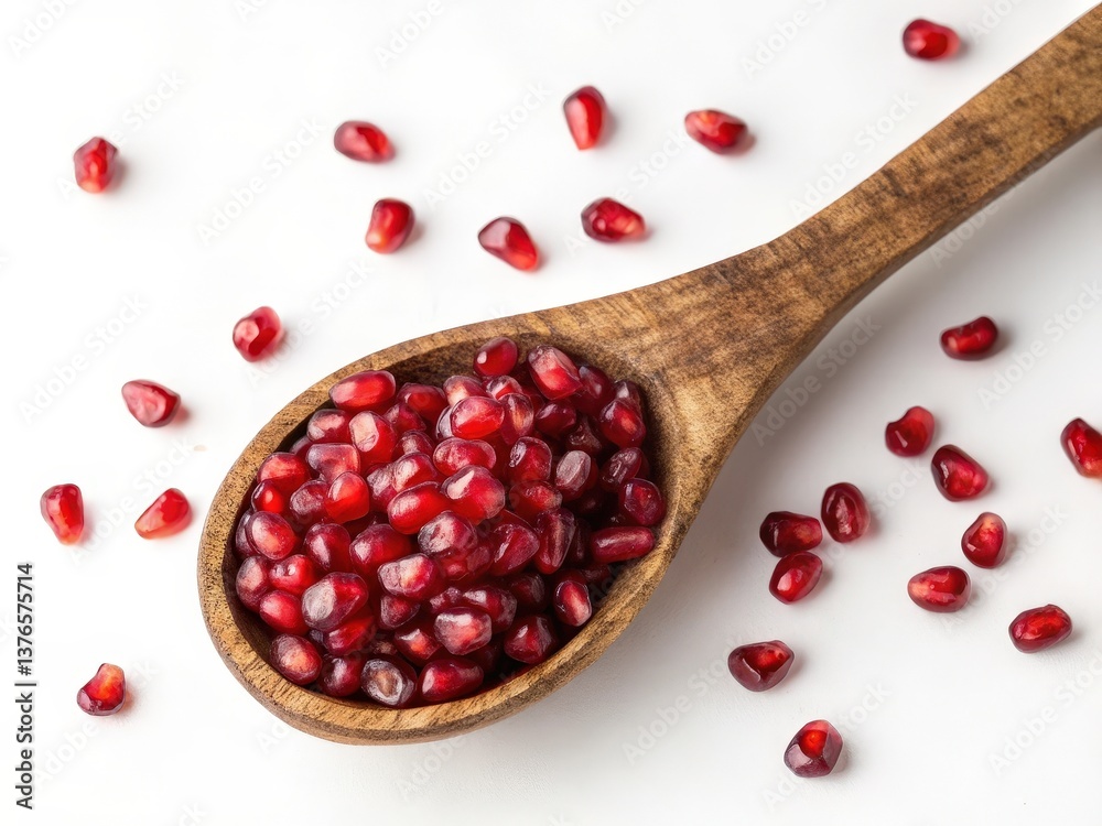 Poster the image displays a wooden spoon filled with deep red pomegranate seeds, placed on a white surface.