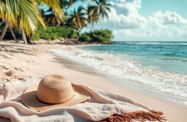Relaxing Beach Scene with Straw Hat and Blanket on the Sand