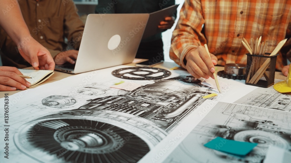 Poster a vibrant workspace where a team collaborates on engineering projects. hands create sketches and not