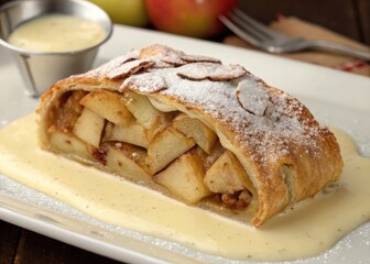  Brown pastry with white powdered sugar. Keywords: pastry, powdered sugar, dessert. 