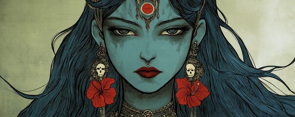 Mythological South Asian goddess with turquoise skin and long flowing hair, adorned in skull jewelry and red hibiscus flowers on textured beige background, ideal for fantasy books, mystical editorials