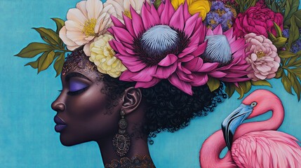 Elegant African woman with dark skin, adorned in bold floral crown and pink flamingo on turquoise background, ideal for fashion campaigns, cultural pride editorials, and nature-inspired branding with 