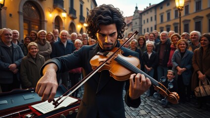 Fototapeta premium a street musician passionately playing the violin, surrounded by a captivated crowd in an evening-lit European square.