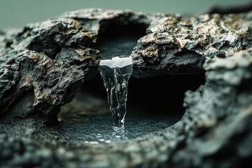 A small icicle drips water into a shallow pool with rocky edges