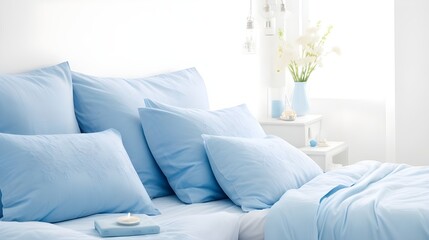 Neatly Made Bed with Light Blue Bedding in Bright, Airy Room