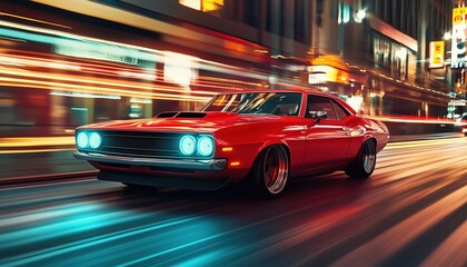 Front Angle View Of An Unbranded Red American Muscle Car Speeding Down A City Street With Motion Blur Speed Light Effects. Rendering.
