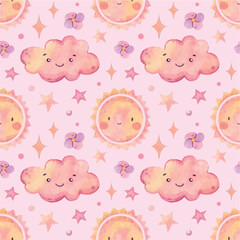 Watercolor hand painted cute weather pattern. Nursery, love, sun, stars, clouds. Pink background. Use it for postcards, invitations, and scrapbooking.