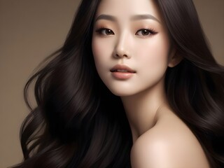 Obraz premium Focus on Silky, Wavy Dark Hair with Minimalist Beige Background