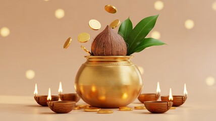 Golden pot and coins with festive coconut and diyas: Celebrating Akshaya Tritiya, Dhanteras, and festive traditions