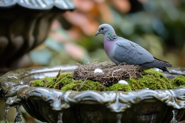 Fototapeta premium A gray dove sits on a nest in a decorative water fountain