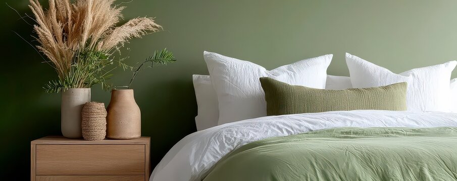 Experience tranquility with this serene bedroom showcasing cozy bedding and soft textures in a captivating green-themed room The inviting space features plush pillows, a calming color palette, and - Powered by Adobe