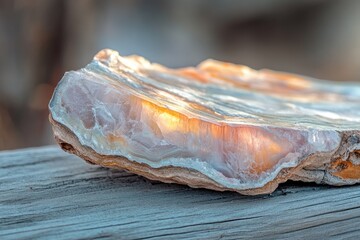 A translucent agate geode with banded, pastel colors rests on weathered wood, illuminated by sunlight.