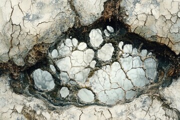 Eroded rock surface revealing intricate network of holes and cracks, creating abstract texture.
