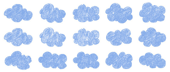 Fototapeta premium Set of hand drawn crayon clouds in grunge chalk style. Kids crayon clouds with pencil texture. Kids pastel drawings and sketch elements.