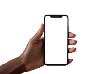 African american Black hand showing blank screen mobile phone isolated on white and transparent background, cut out png