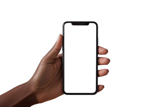 African american Black hand showing blank screen mobile phone isolated on white and transparent background, cut out png