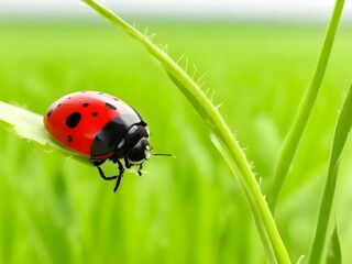 Fototapeta premium ladybug on green leaf