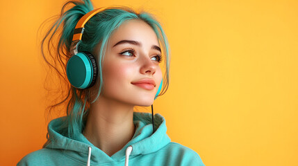 Young person enjoying music with colorful headphones