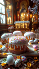 Traditional Easter Cakes with White Glaze and Colorful Eggs in Church Setting